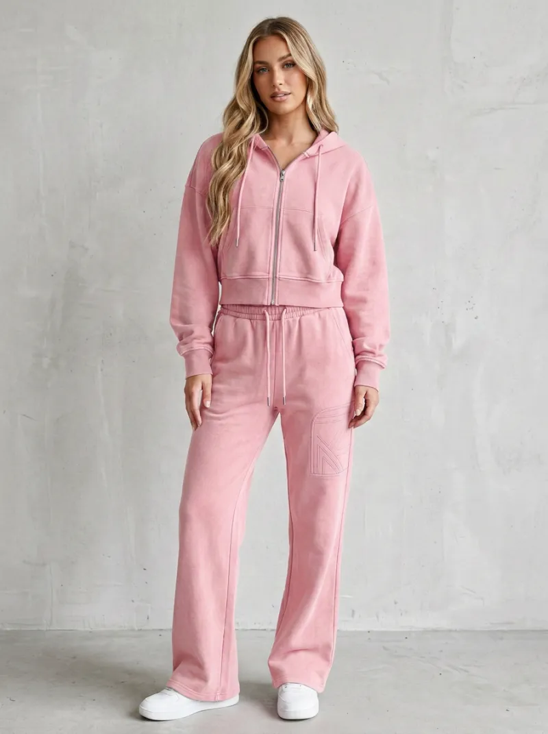 Women's Washed Embroidered Detail Vintage Inspired Cropped Hooded Jacket and Flare Pants Active Set