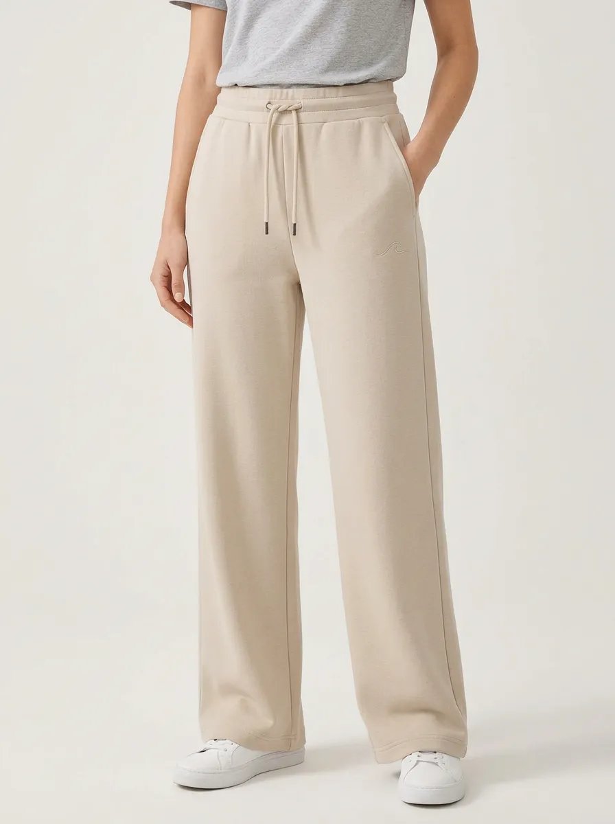 Women's Minimalist Wave Embroidery Solid Beige Sweatpants