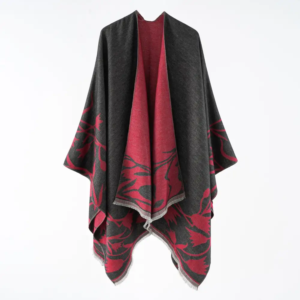 Reversible Jacquard Floral Ruana Wrap