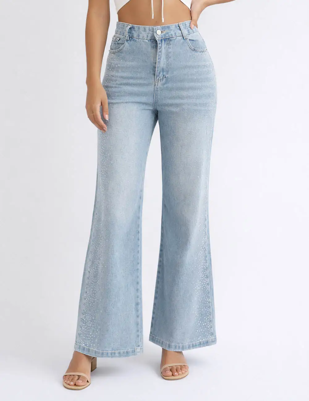 Chic Detachable Bow Rhinestone Wide Leg Denim Pants