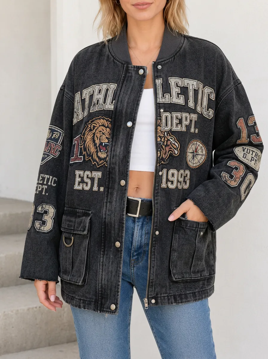 Women's Athletic Dept Lion Graphic Printed Denim Jacket