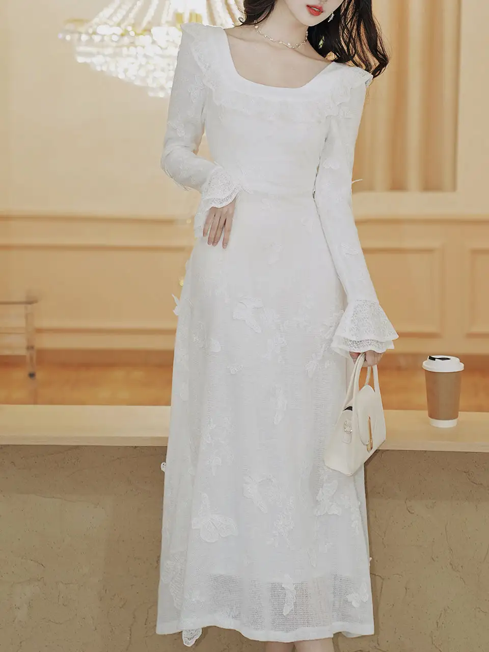 Butterfly Square Neck Wedding Romantic Maxi Dress