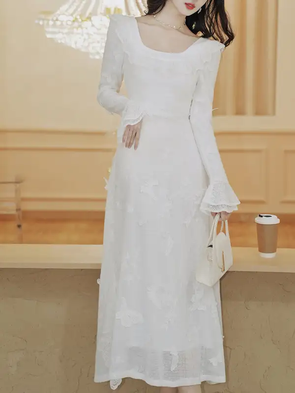 Butterfly Square Neck Wedding Romantic Maxi Dress