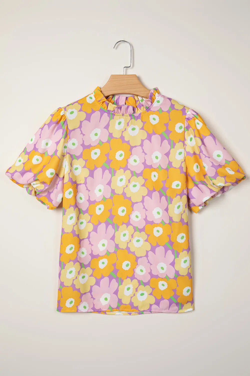 Purple Frilled Neck Puff Short Sleeve Top