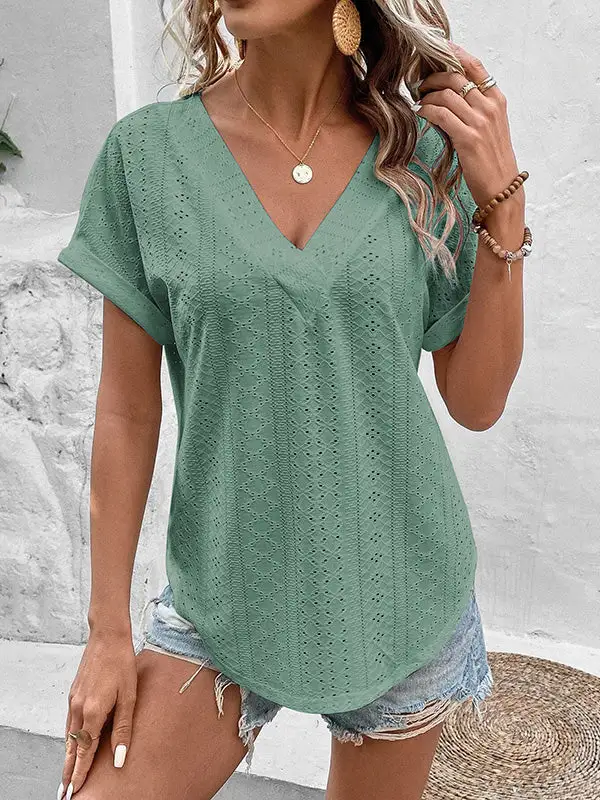 Relaxed Short Sleeve Cutout Panel Detail V-Neck T-Shirt