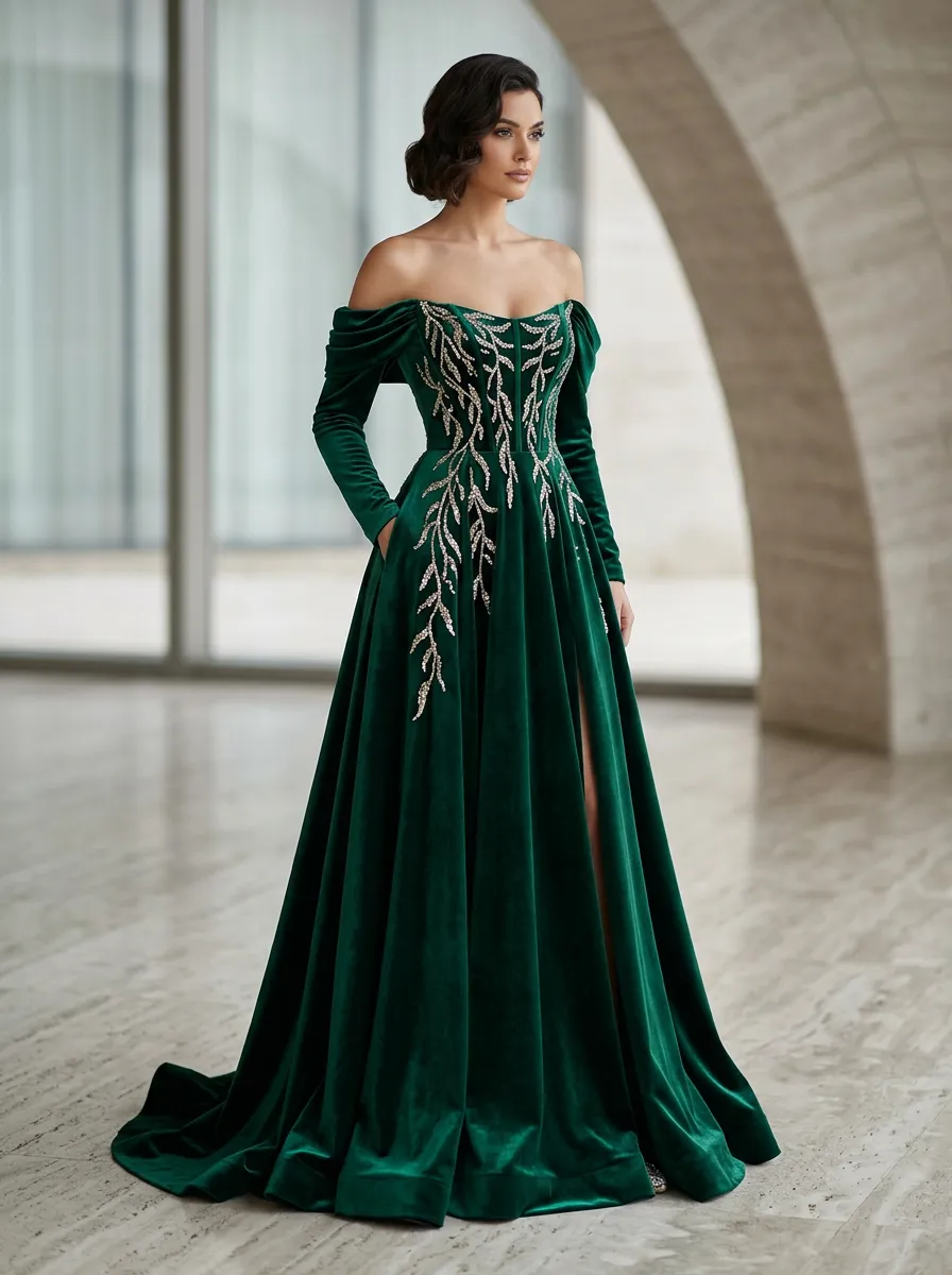 Women's Velvet Off-Shoulder Leaf Embroidered Evening Gown
