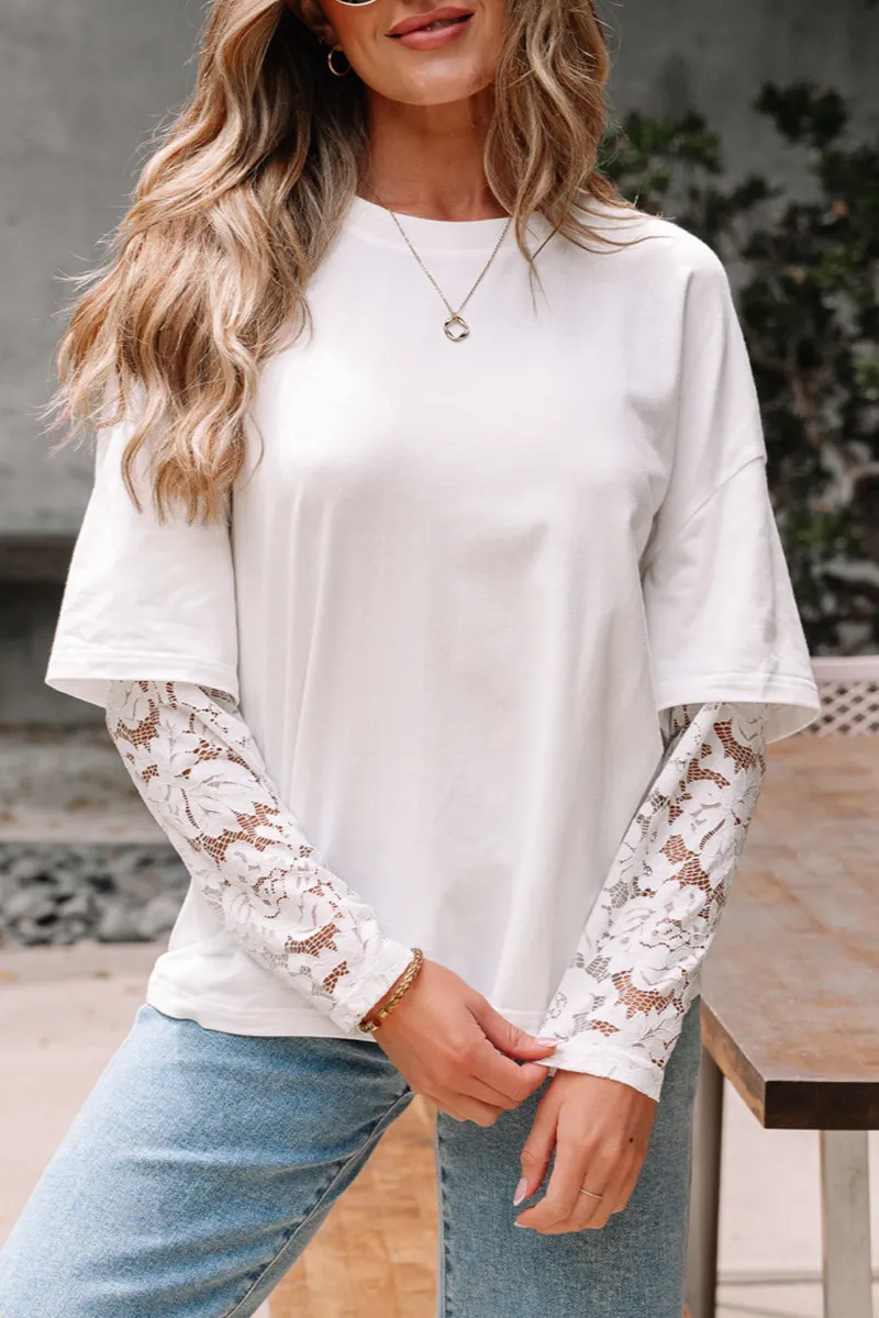 Women's Lace Long Sleeve Drop Shoulder T-Shirt