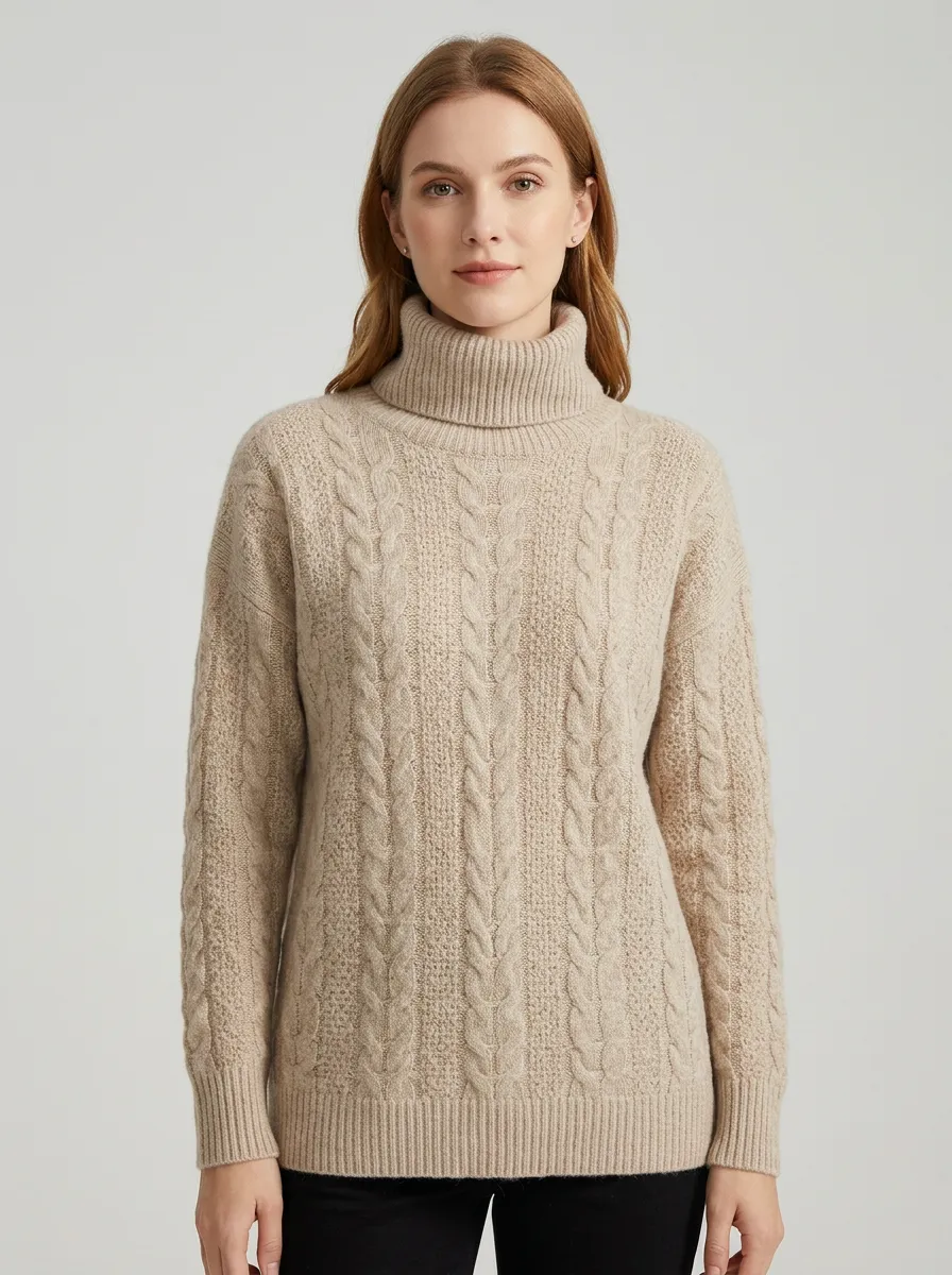 Women's Beige Cable Knit Patterned Turtleneck Sweater
