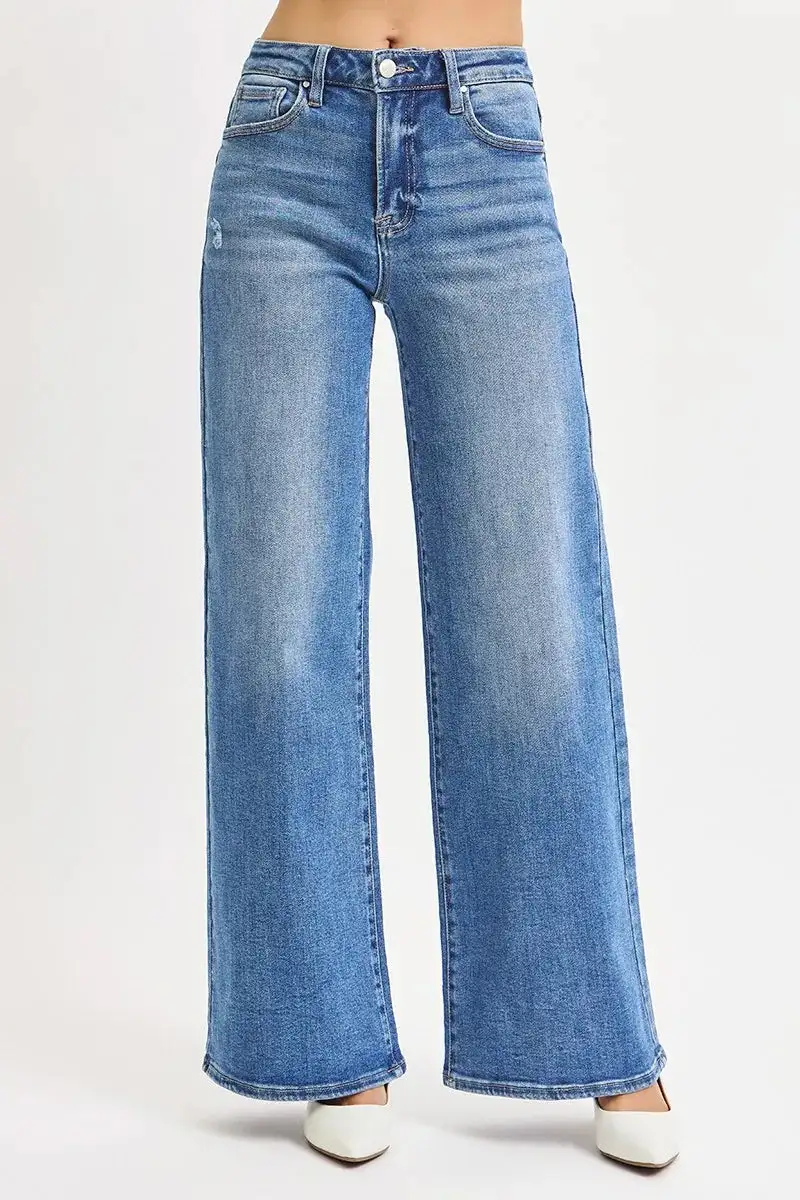 Textured Denim High Rise Wide Leg Pocketed Jeans
