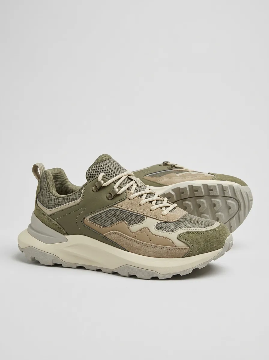 Chunky Hiking-Inspired Suede-Panel Mesh-Panel Casual Sneakers