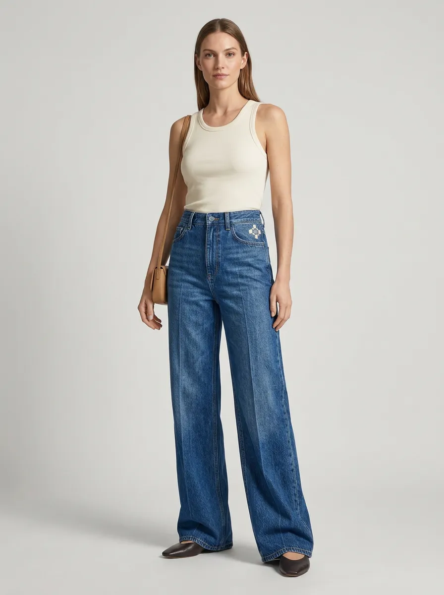Women's Geometric High-Rise Patch Detail Wide Leg Jeans