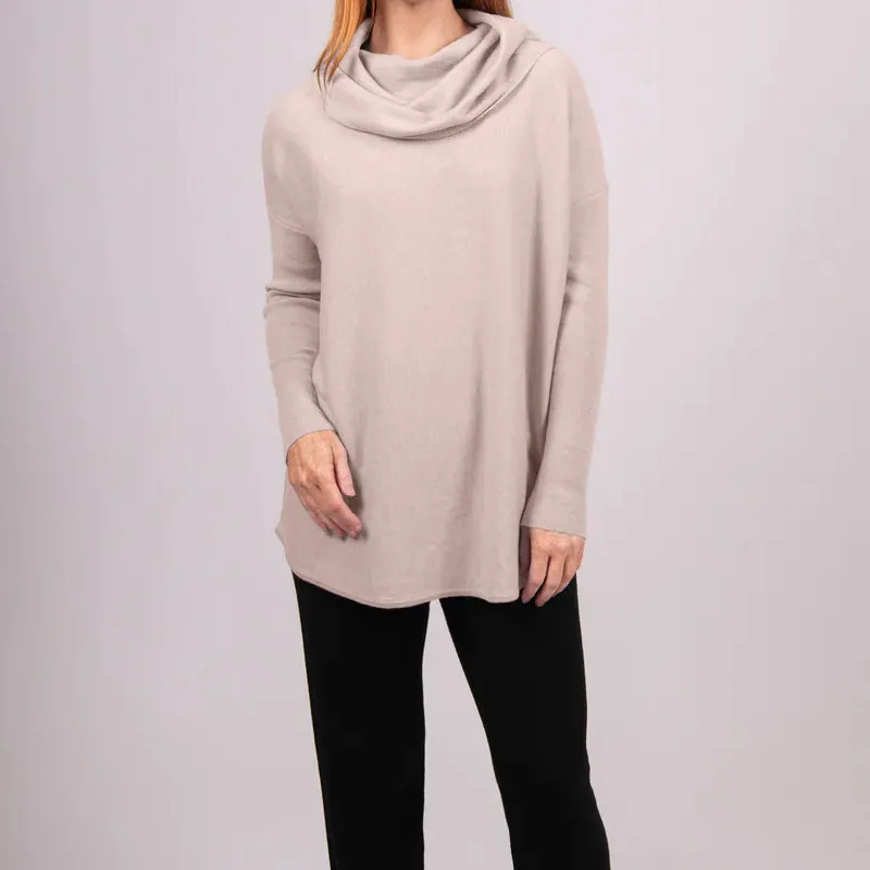 Merino Cashmere Cowl Neck Curved Hem Pullover