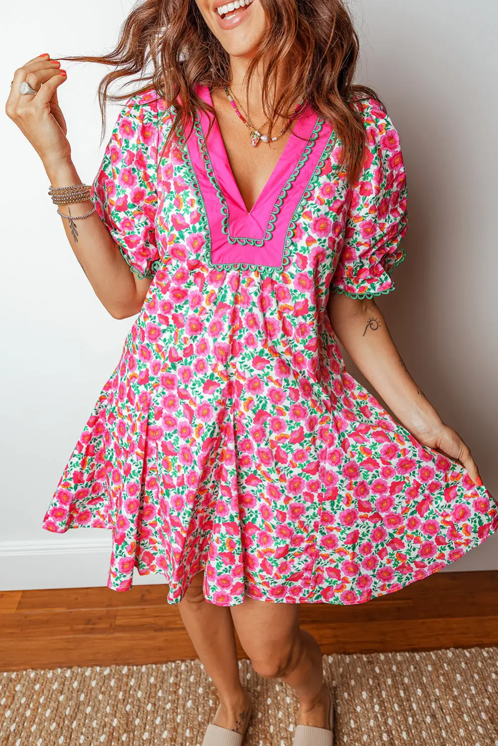 Structured Shape Floral Patchwork V Neck Mini Dress