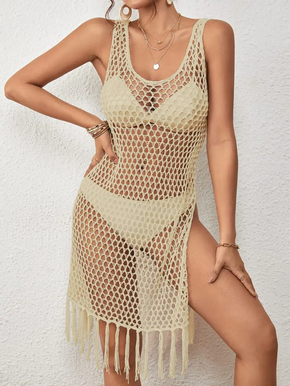 Cutout Wide Strap Cover Up With Tassel
