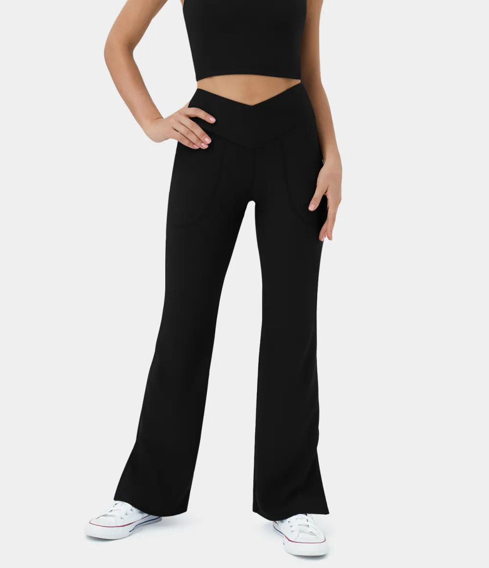 Patitoff Flow Pet Hair Resistant Crossover Pocket Split Hem Yoga Flare Leggings-Smile