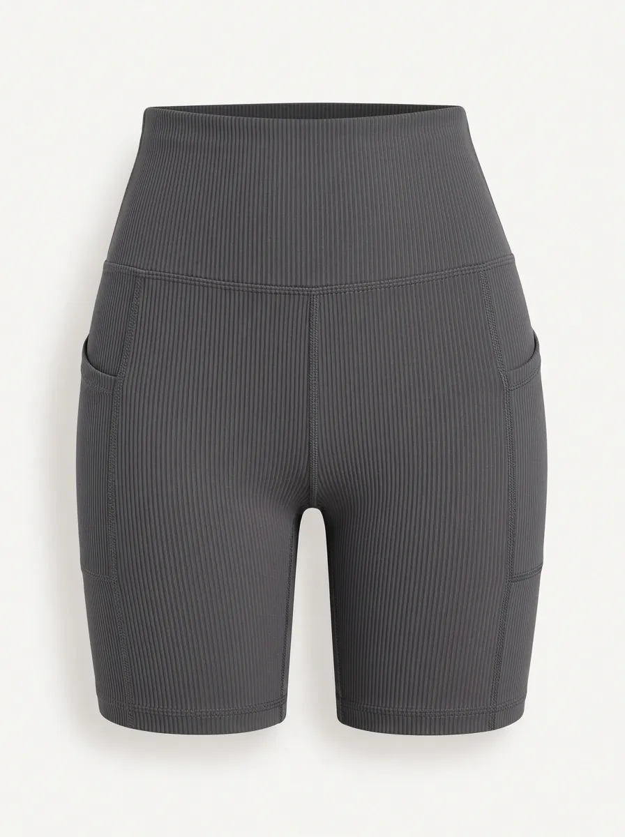 Women's Training Yoga Fitness High-Waisted Ribbed Pocket Biker Shorts