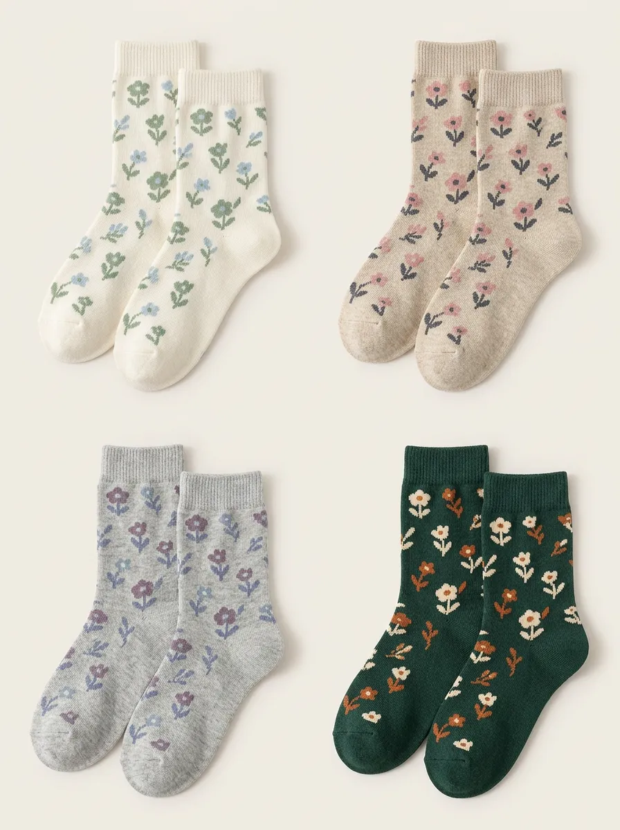 Women's Four-Pair Vintage Floral Pattern Crew Sock Set