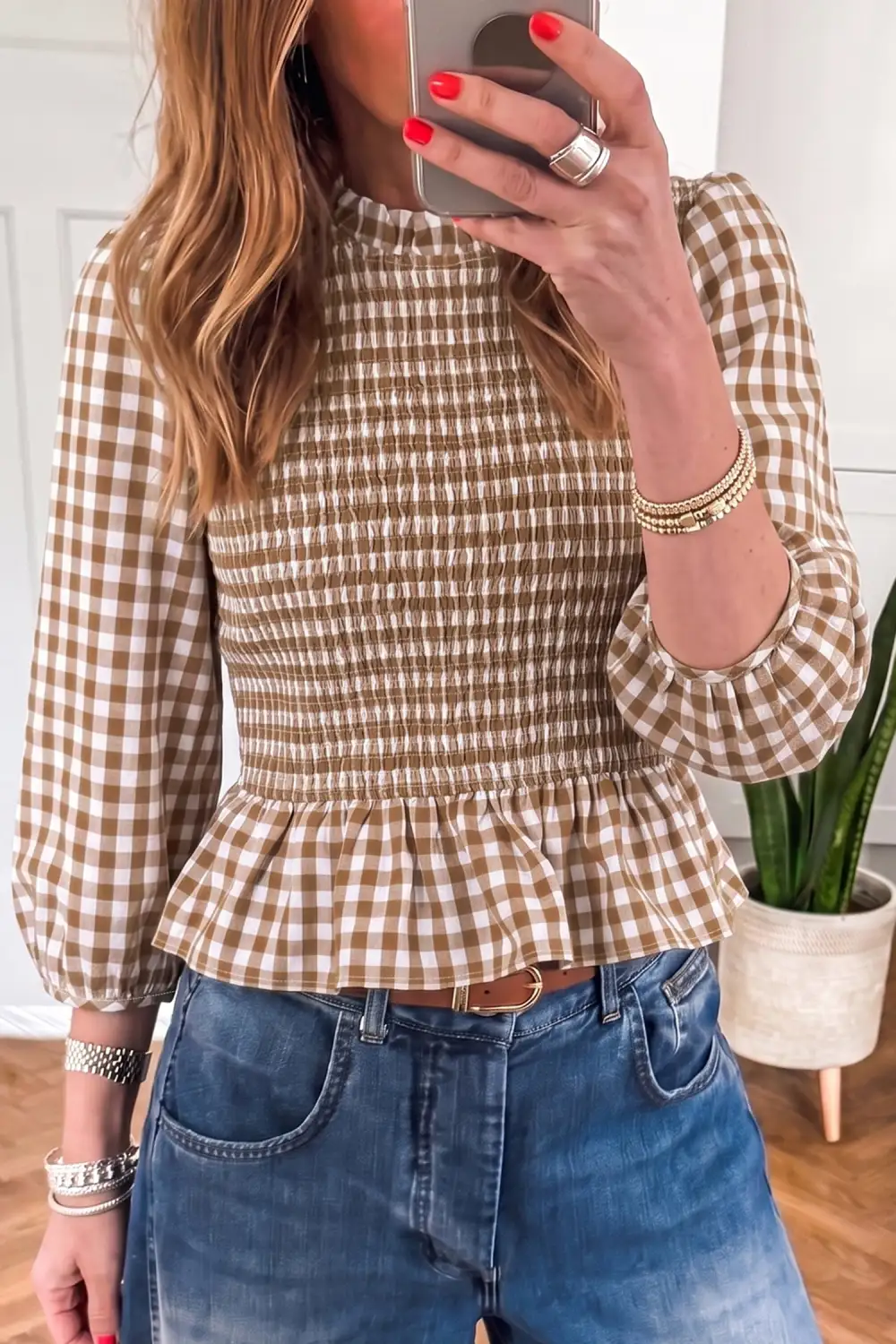Women's Plaid Three Quarter Sleeve Shirred Top