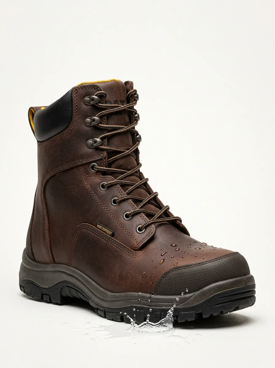 Unisex Brown Leather Waterproof Construction Printed Work Boots