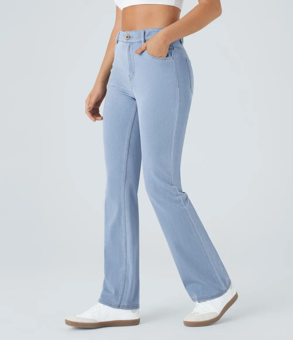 Magic Mid Rise Button Pockets Stretchy Knit Casual Bootcut Jeans
