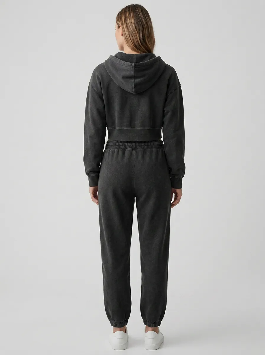 Cropped Vintage-Wash Jogger Women's Cropped Zip-Up Hoodie Jogger Active Set