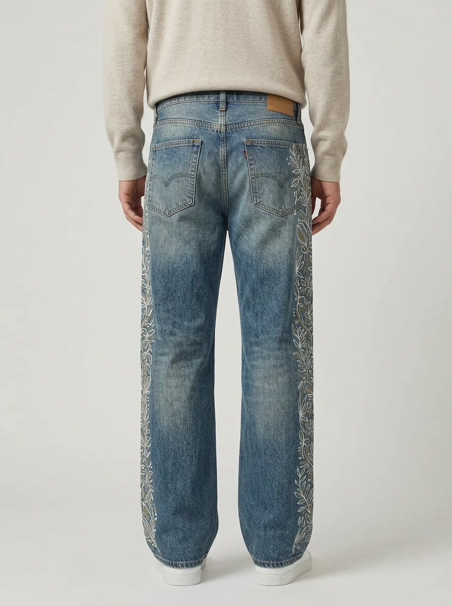 Men's Botanical Floral Side Printed Wide Leg Jeans