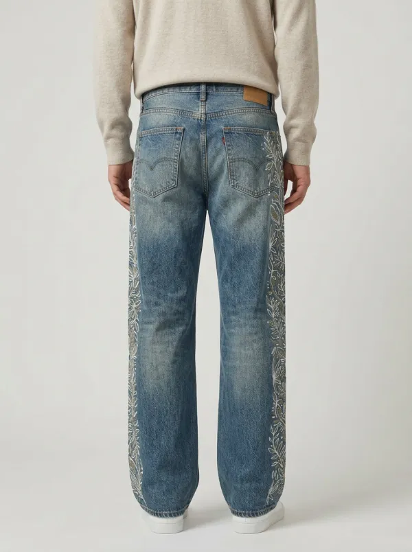 Men's Botanical Floral Side Printed Wide Leg Jeans