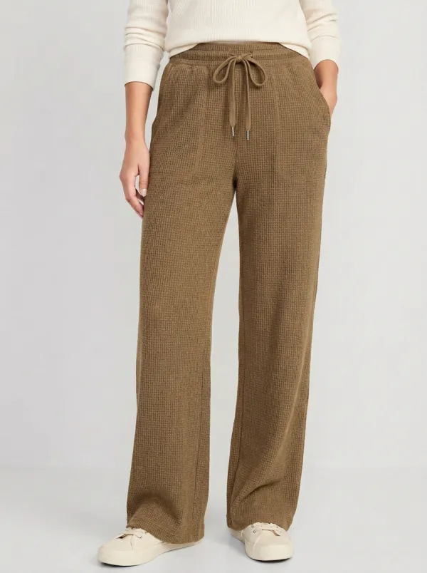 Women's Casual Lounge Waffle Knit Drawstring Wide Leg Pants