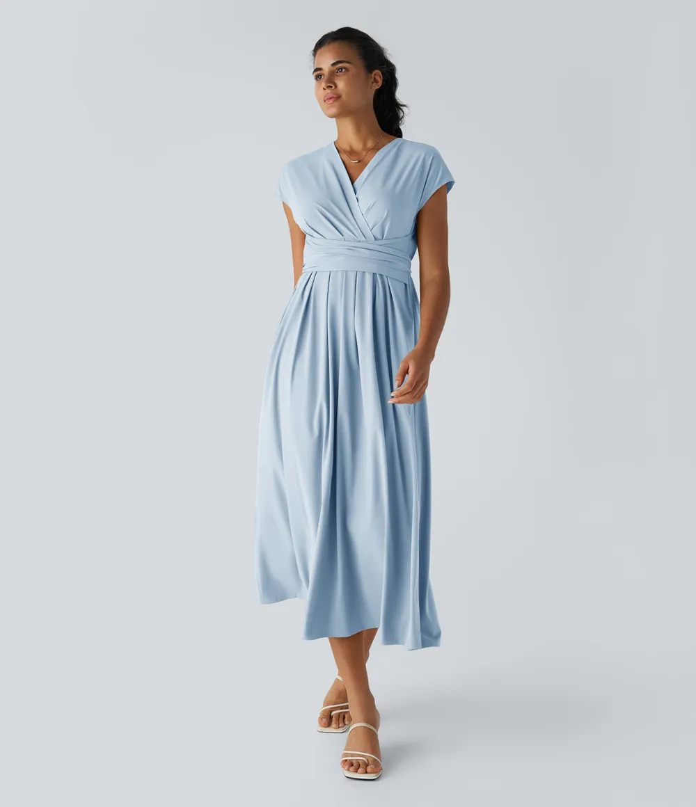 Breezeful V Neck Short Sleeve Side Pocket Tie Back Quick Dry Midi Casual Dress