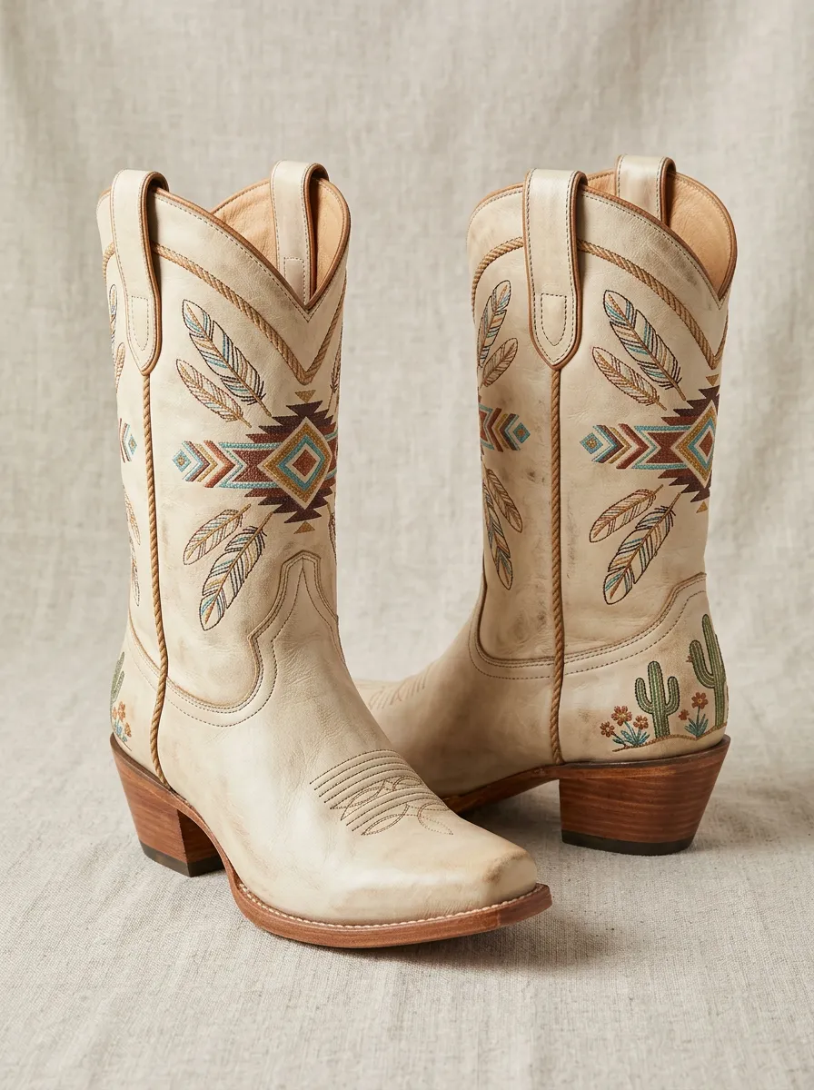 Desert Cactus Feather Classic Look Unisex Western Cowboy Boots