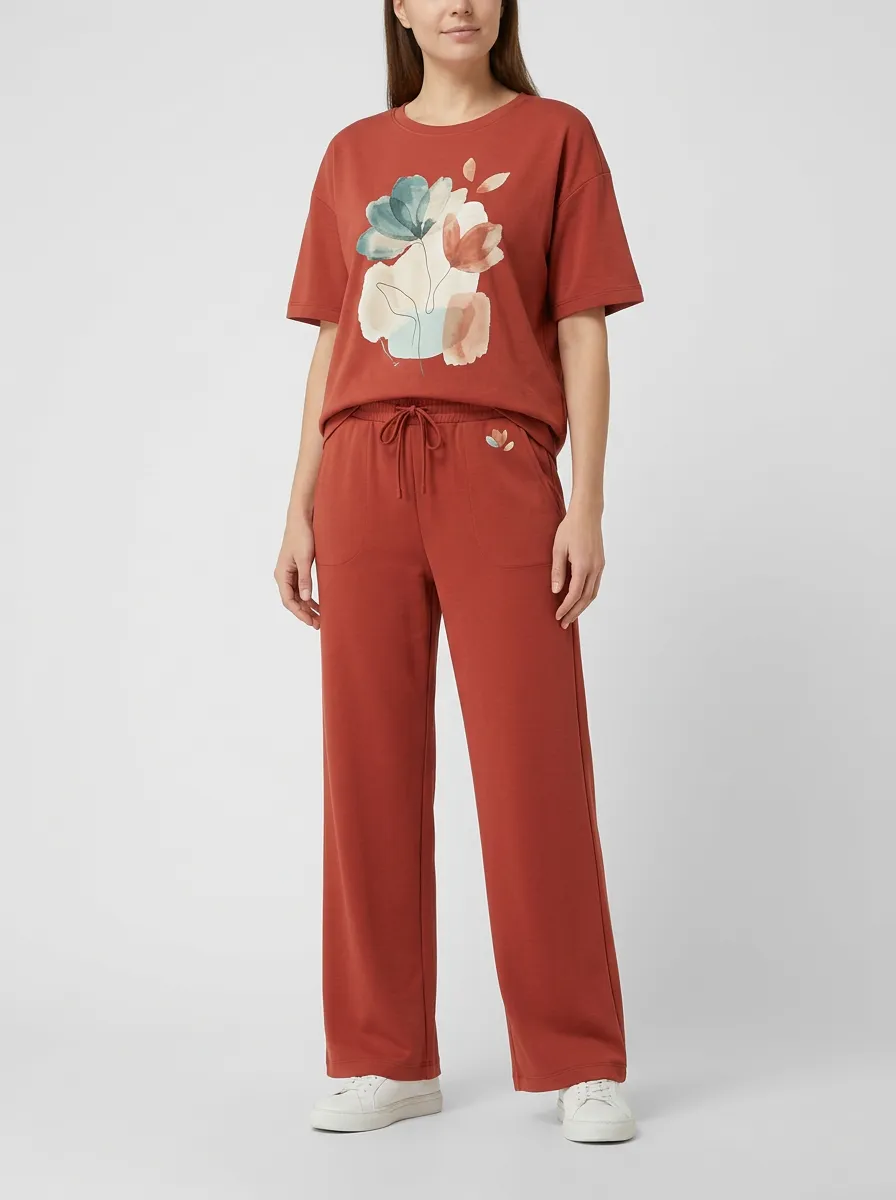 Women's Watercolor Floral Embroidered Crewneck T-Shirt and Wide-Leg Pants Set
