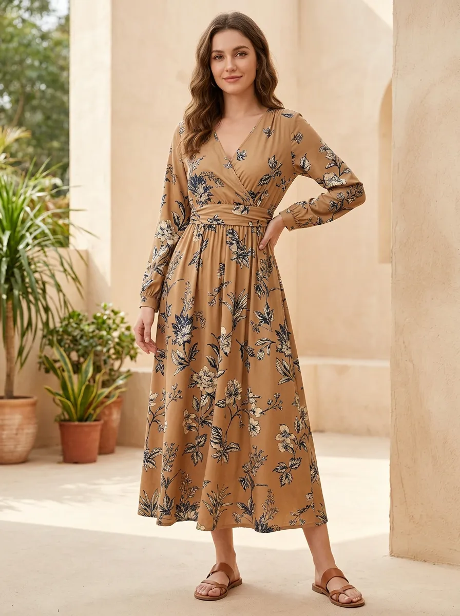 Women's V Neck Long Sleeve Easy Wear Floral Print Dress