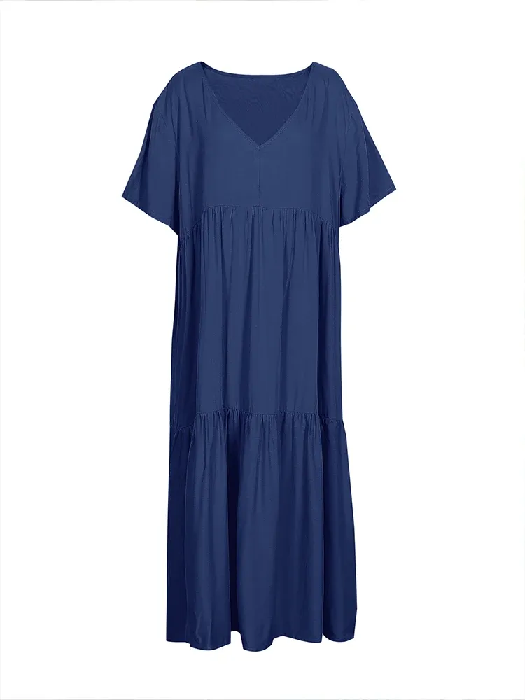 V-Neck Short Sleeve Pleated Midi Dress