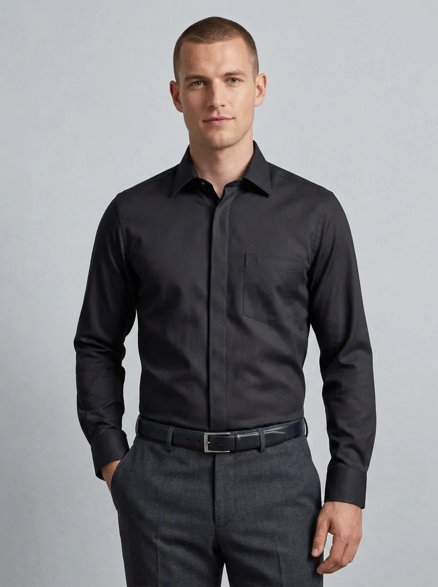 Men's Non-Iron Cotton  Logo Embroidered Long Sleeve Shirt