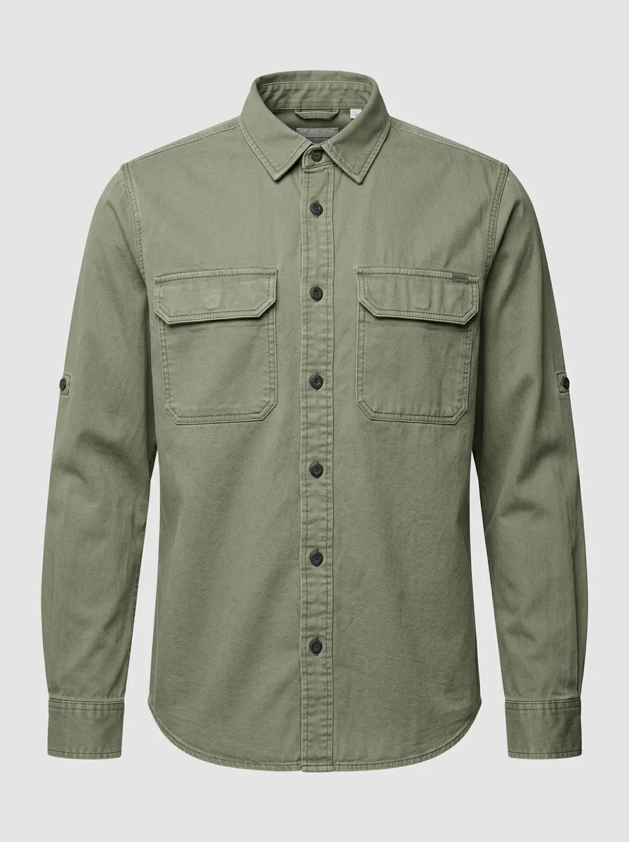 Men's Olive Green Utility Button-Down Shirt - Design I