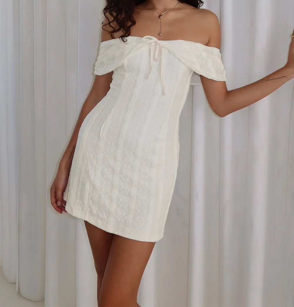 Cream Off-Shoulder Lace Mini Dress