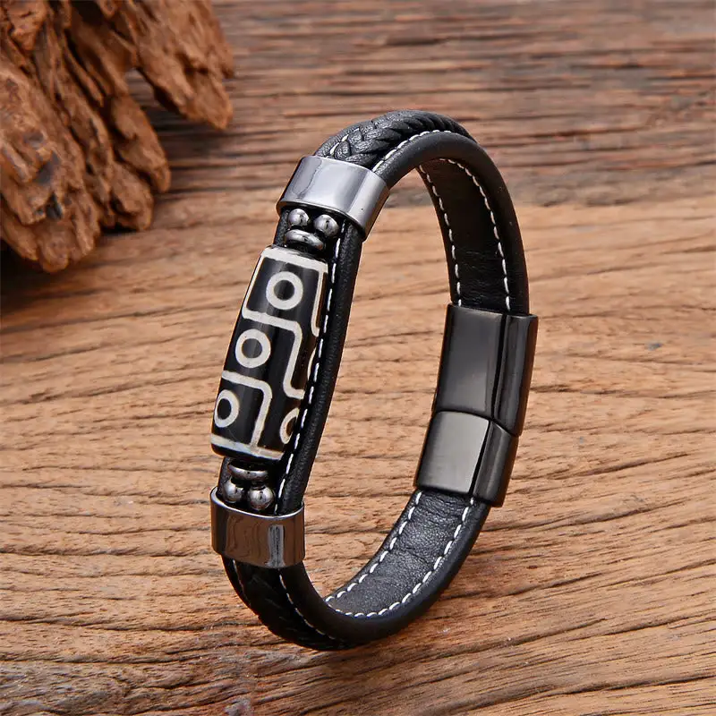 Eye Dzi Bead Leather Buckle Bracelet