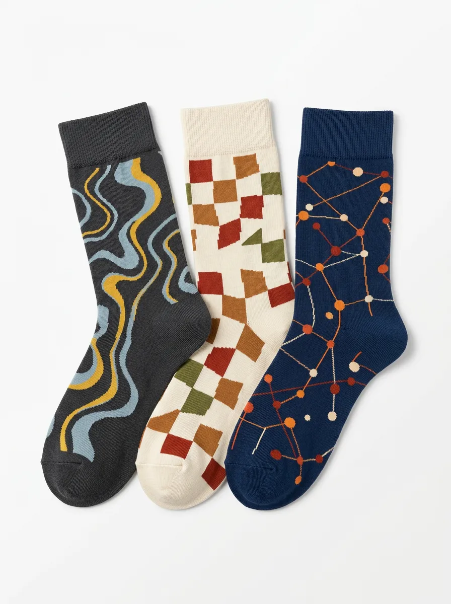 Men's Abstract Geometric Pattern Printed Three Pack Socks Casual Design