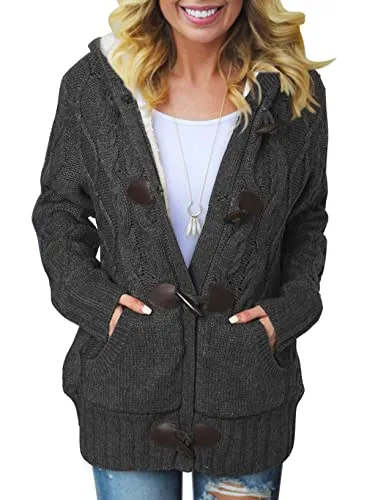 Women Hooded Knit Cardigans Button Cable Sweater Coat