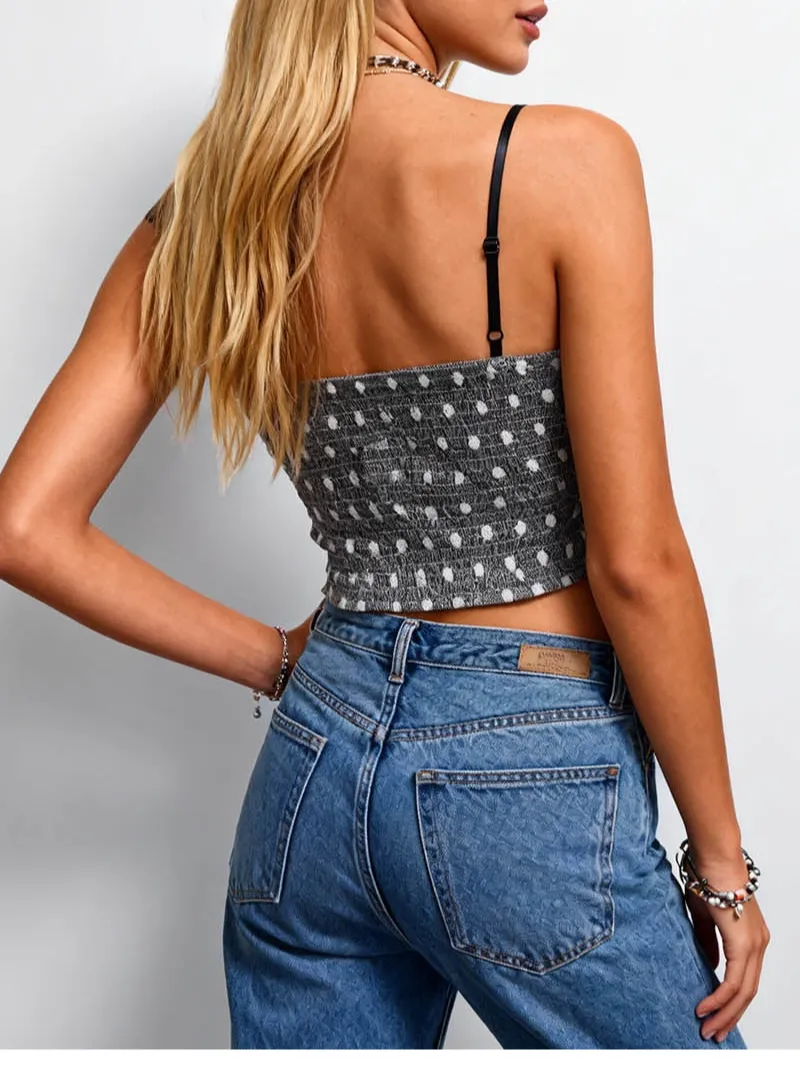 Polka Dot Mesh Corset Square Neck Ruffle Trim Cami Top