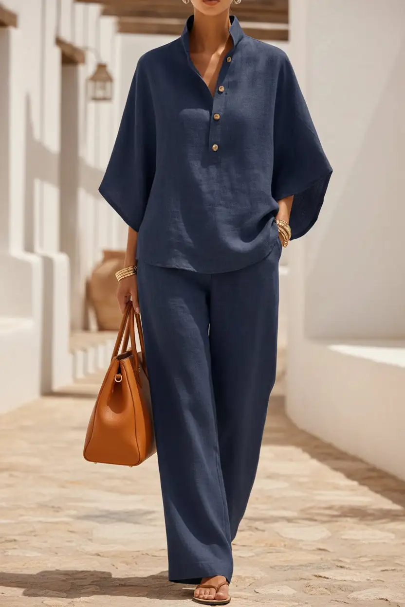 Long-Sleeve Linen Checked Women's Matching Set