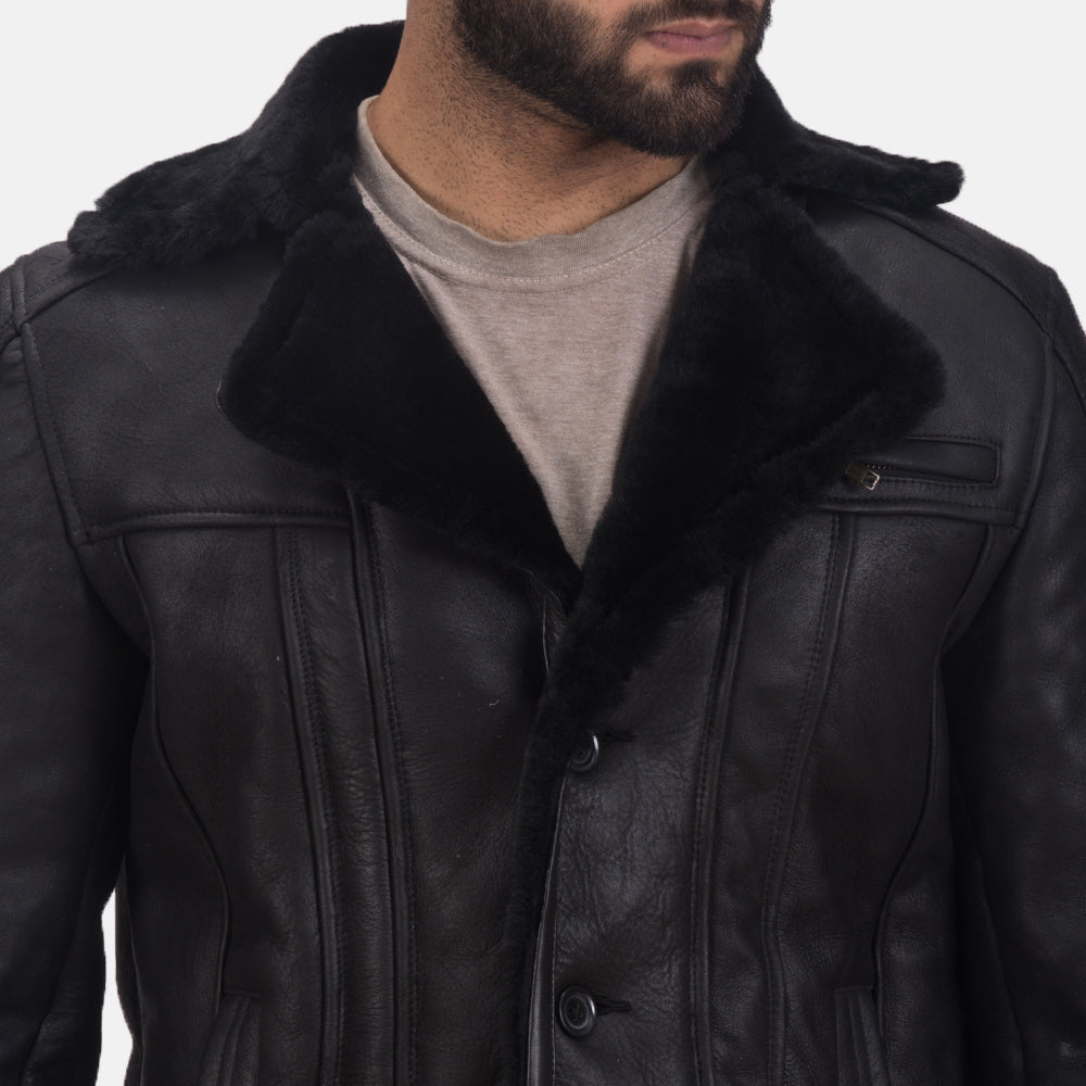 Men's Leather Fur Trim Shearling Coat