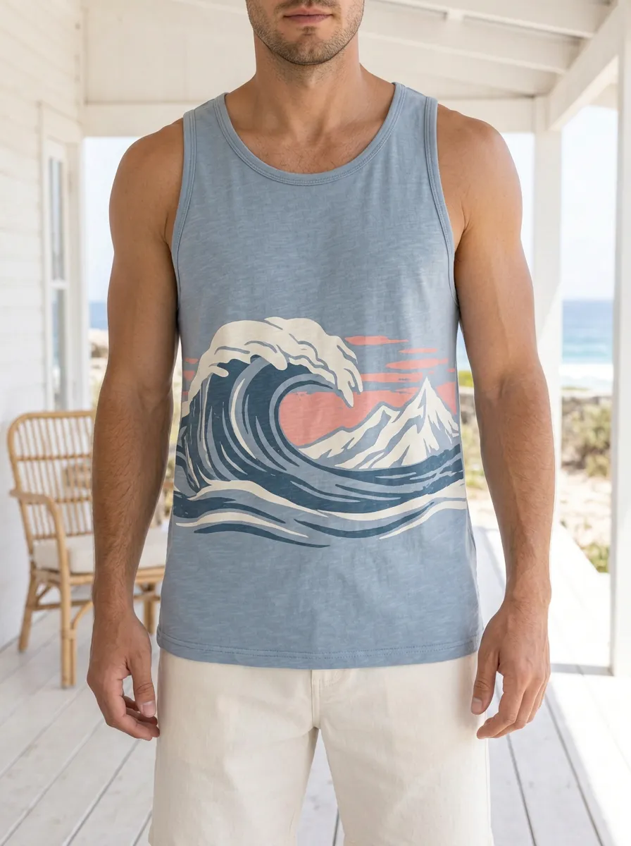 Men's Surfing Ocean Wave Mountain Tank Top
