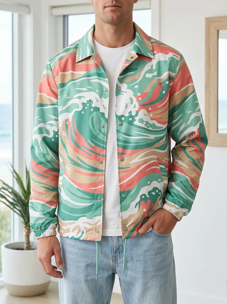 Men's Beach Lover Ocean Wave Printed Coach Jacket