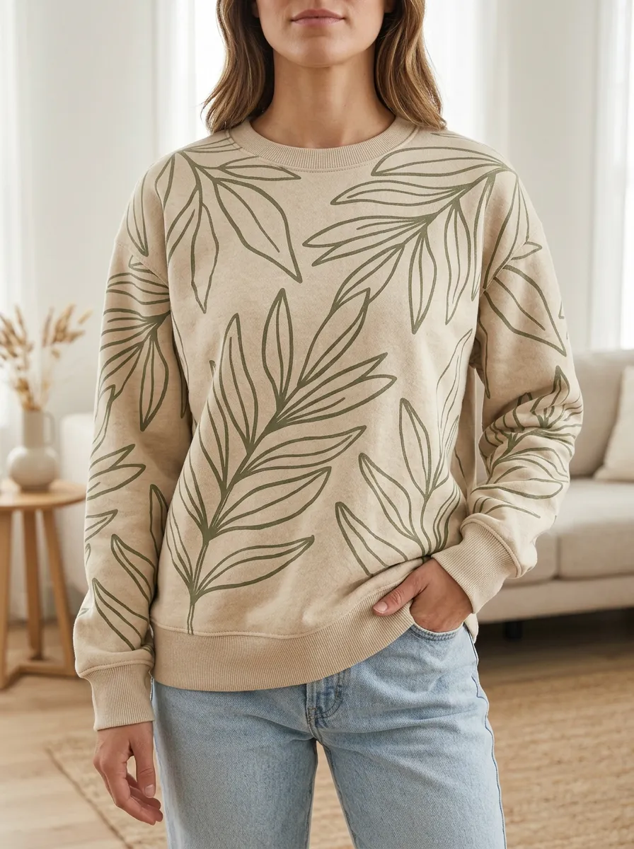 Women's Leaf Print Crewneck Sweatshirt Fleece