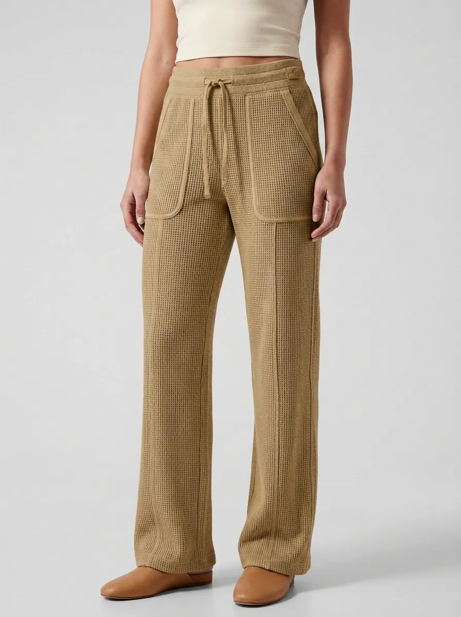 Women's Casual Waffle Knit Drawstring Wide Leg Pants