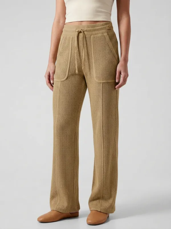 Women's Casual Waffle Knit Drawstring Wide Leg Pants