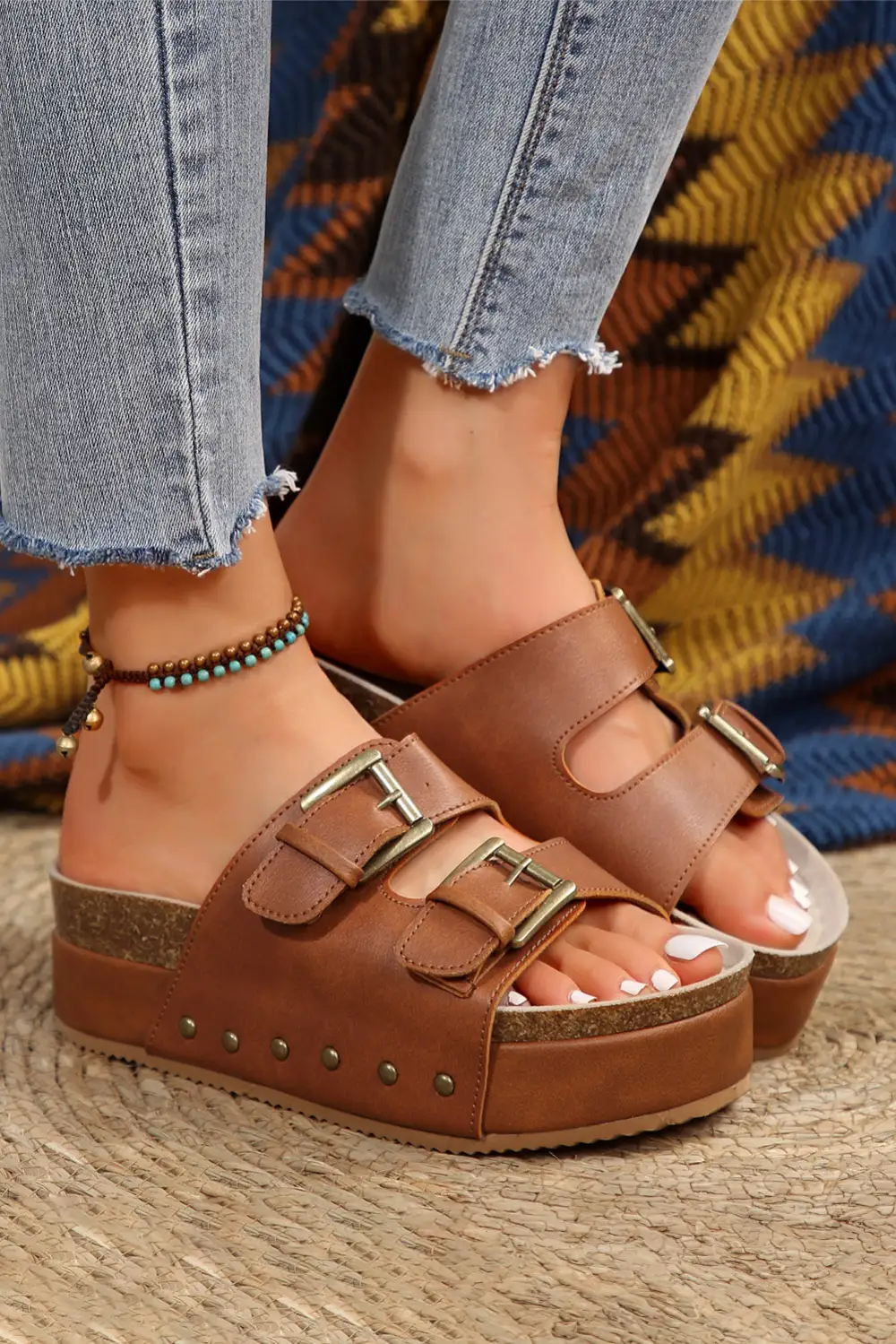 Dual Buckle Studded Platform Sandals Slide Slippers