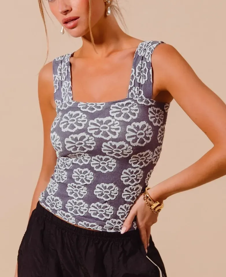 Square-Neck Smocked Ruched Floral-Print Tank Top