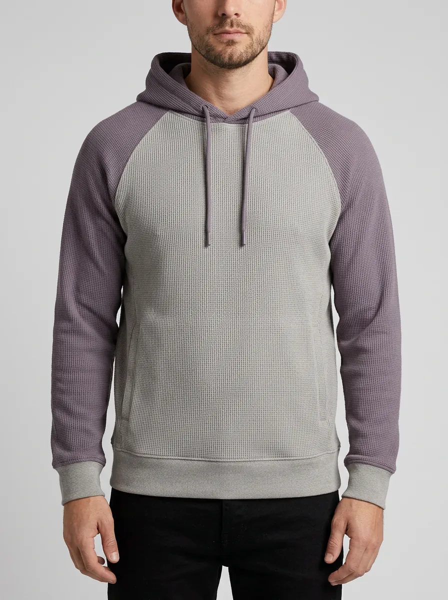 Men's Two-Tone Waffle-Knit Raglan Colorblock Pullover Hoodie